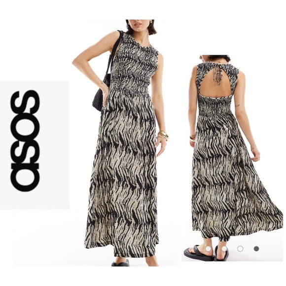 ASOS DESIGN Crinkle Shirred Bodice Maxi Dress With Open Back In Animal Print 14 - Picture 1 of 13